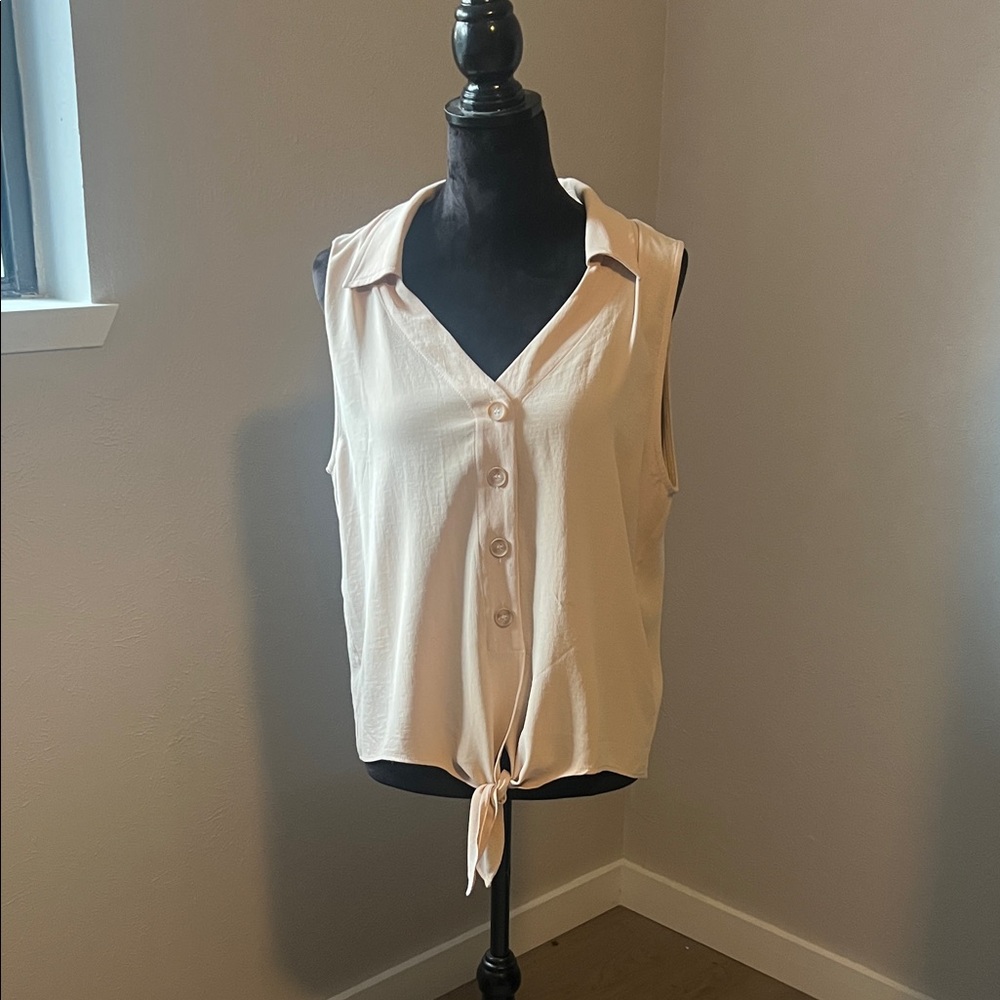 Sleeveless Cream Button-Down Tie-Front Top